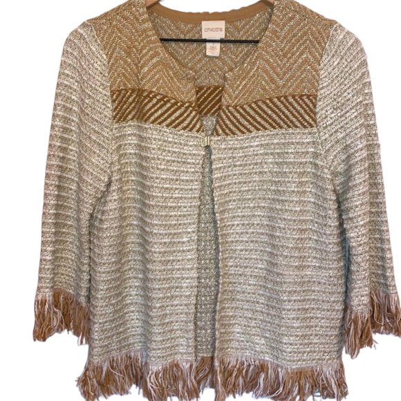 Chico’s Fringe Cuff hem Hook Latch Gold Silver Sparkle Cardigan Size 0 - Picture 1 of 10